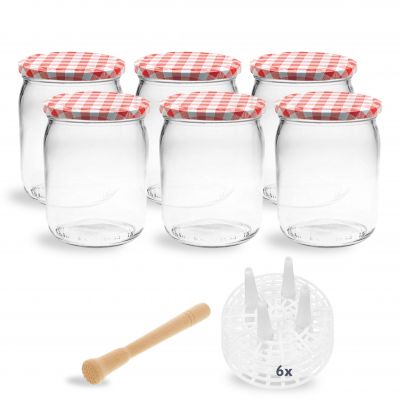 6-teiliges Fermentierglas-Set mit sechs transparenten 540 ml Gläsern, jeweils mit silbernem Schraubdeckel, Beschriftungsetiketten, einem Holz-Stempel zum Stampfen von Gemüse und einem Rezeptheft, arrangiert auf einer weißen Oberfläche.