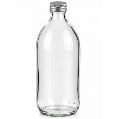 Klare 500-ml-Glasflasche mit silberfarbenem Schraubdeckel, aufrecht stehend vor weißem Hintergrund.