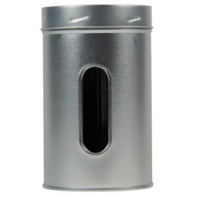 Runde Metalldose mit Sichtfenster, Durchmesser 7,5 cm, Höhe 12,5 cm, ideal zur Aufbewahrung von Lebensmitteln oder kleinen Gegenständen, stilvolles und praktisches Design, verfügbar auf flaschen-glaeser-und-dosen.de.